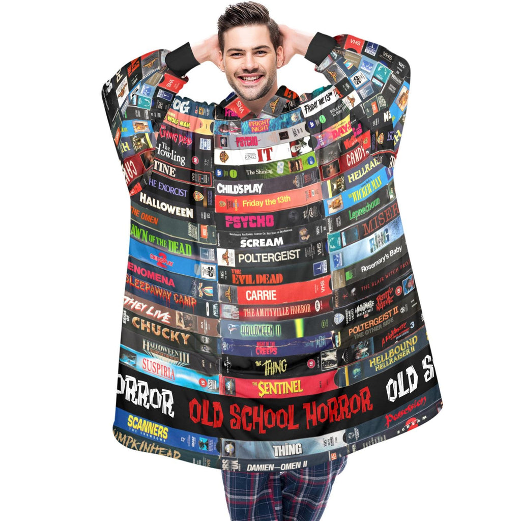 VHS Horror Movie Wearable Blanket Hoodie, Old School Retro Horror Fan Lounger
