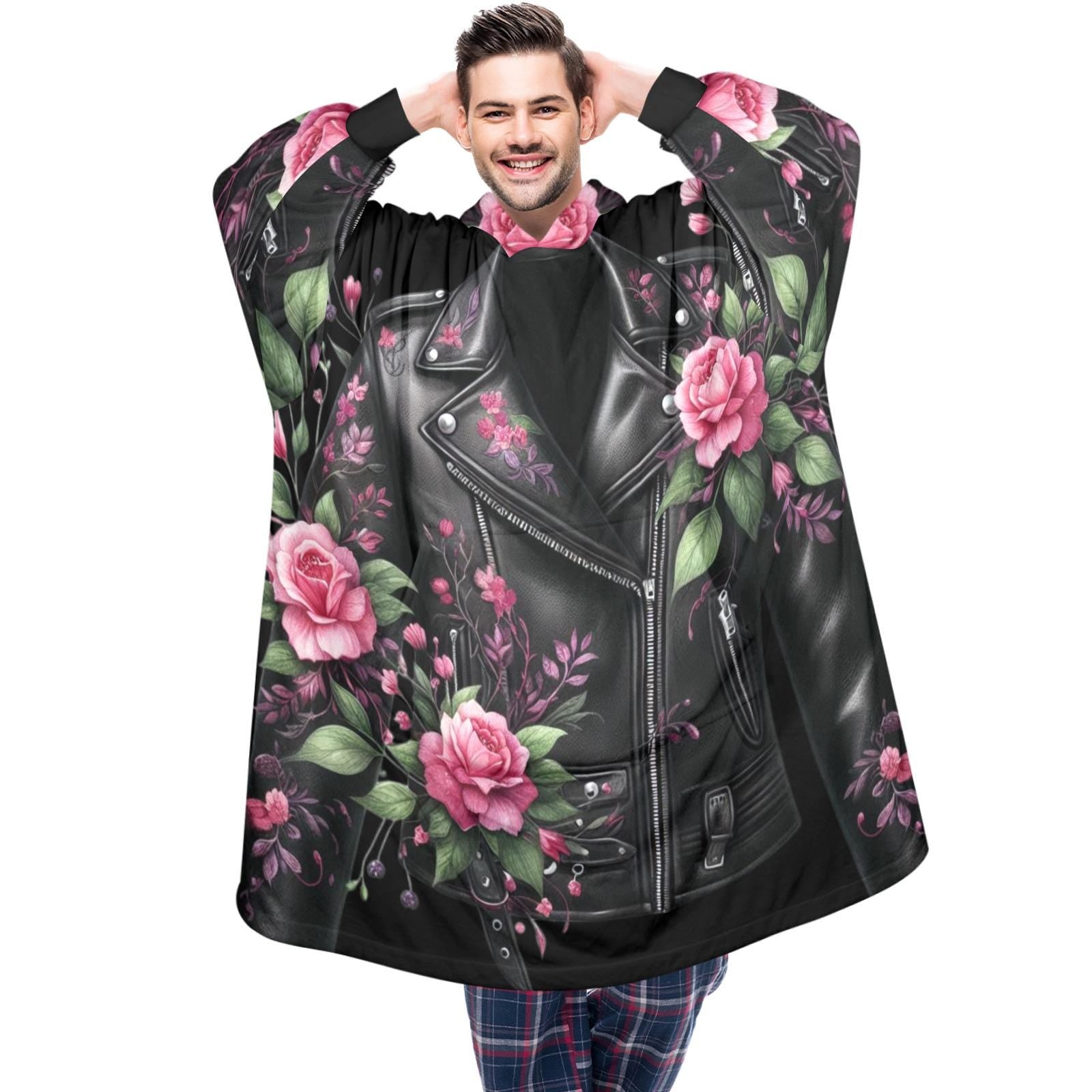 Floral Leather Jacket Wearable Blanket Hoodie – Oversized Fleece Loungewear (One Size)