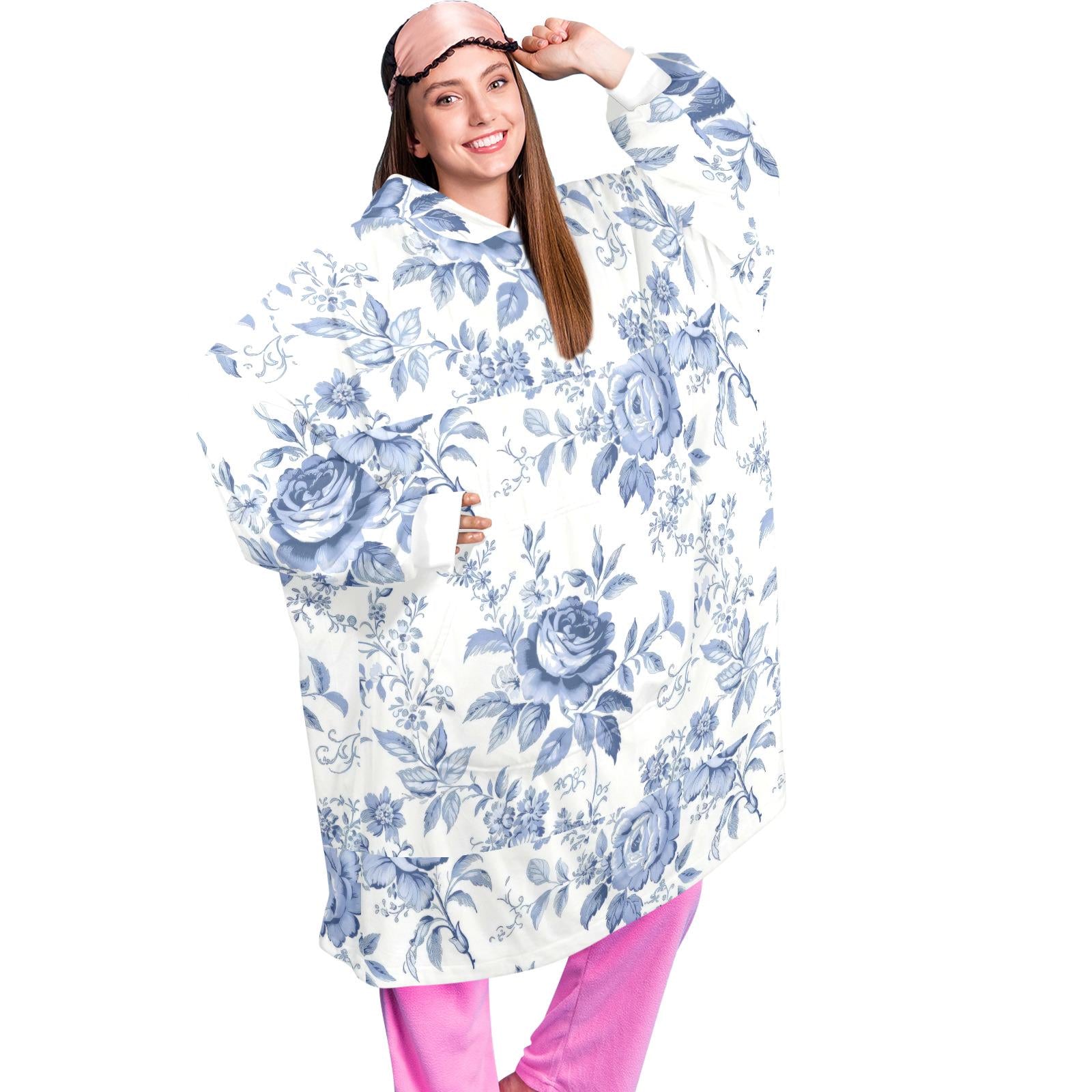 Blue Toile Wearable Blanket Hoodie, Oversized Hoodie Blanket Cottagecore Floral Snuggle Hoodie, Unisex One Size Cozy Lounger Gift (One Size)