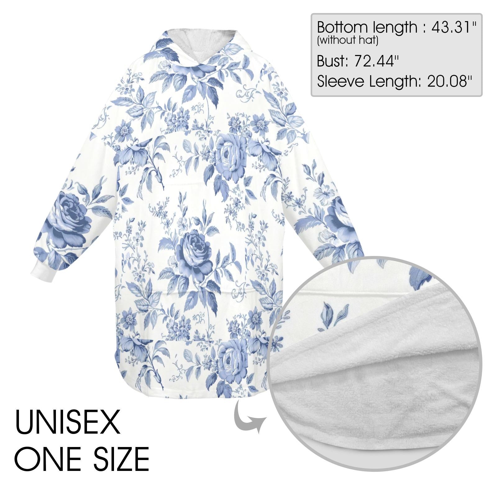 Blue Toile Wearable Blanket Hoodie, Oversized Hoodie Blanket Cottagecore Floral Snuggle Hoodie, Unisex One Size Cozy Lounger Gift (One Size)
