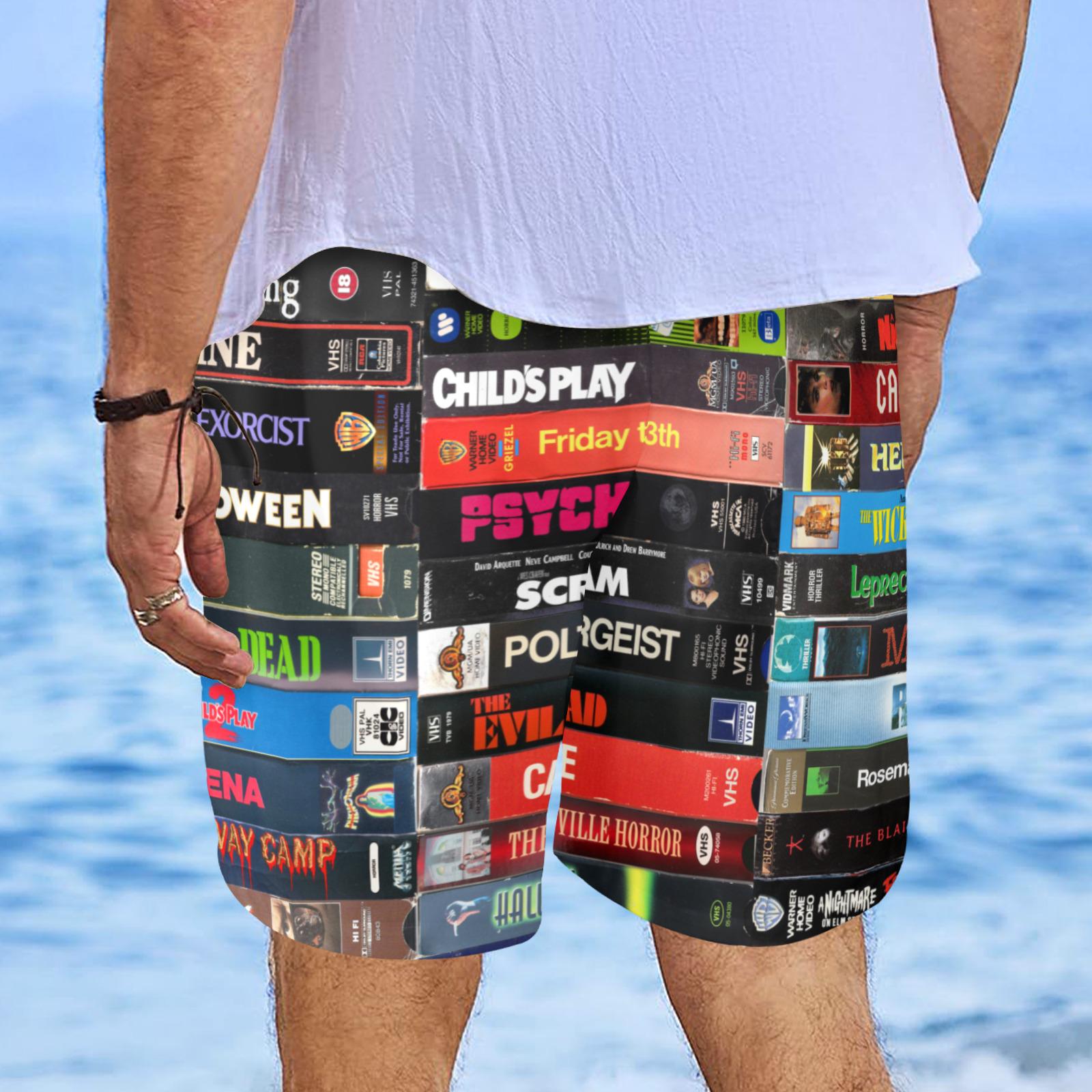 Horror VHS Swim Trunks, Retro Movie Shorts, Halloween Board Shorts, Vintage VHS Tape Mens Shorts, Unisex Summer Beachwear Gift S- 5XL