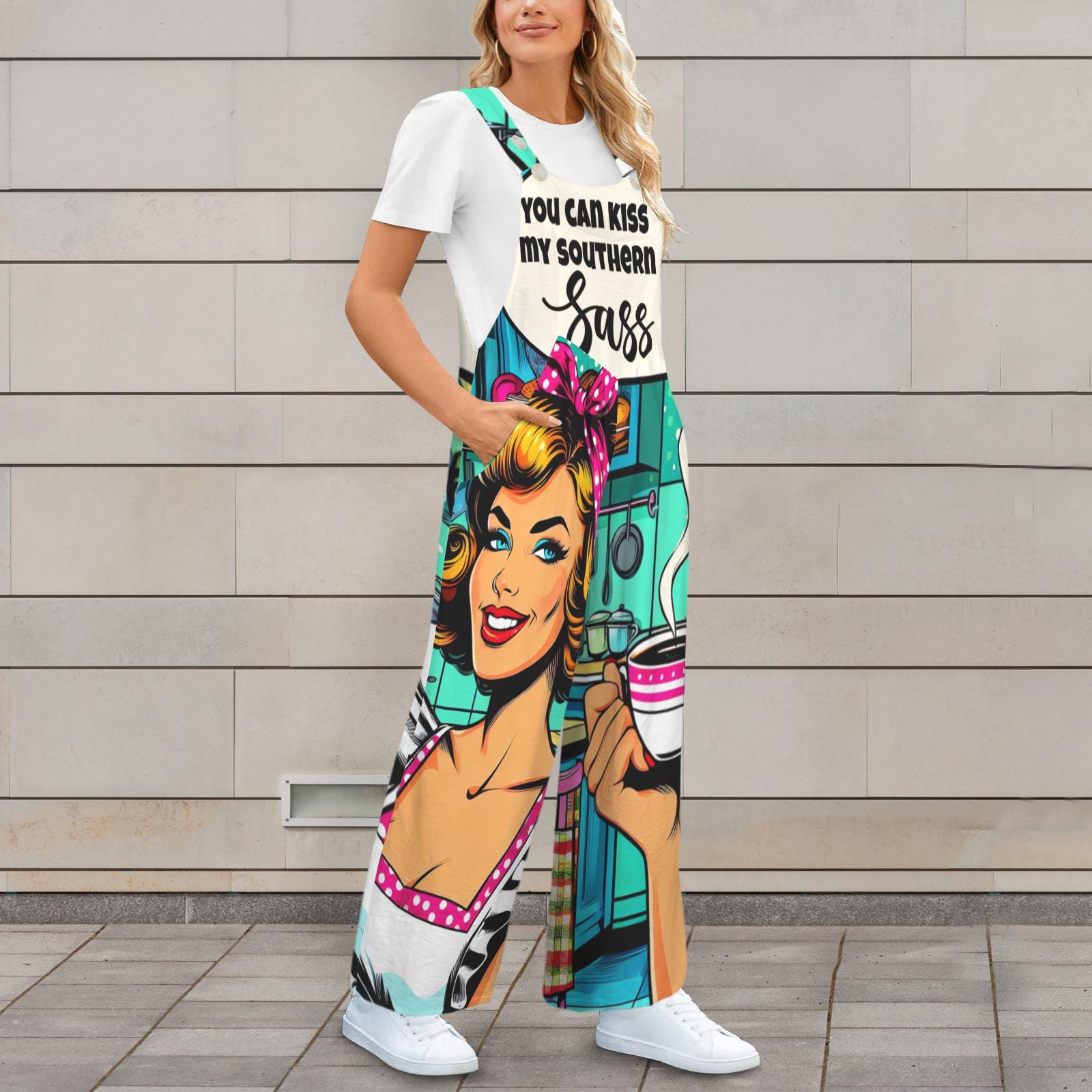 Kiss My Southern Sass Jumpsuit, Vintage Pin-Up Wide Leg Overalls, Funny Graphic Outfit, Teal Aesthetic Statement Romper, Trendy Streetwear