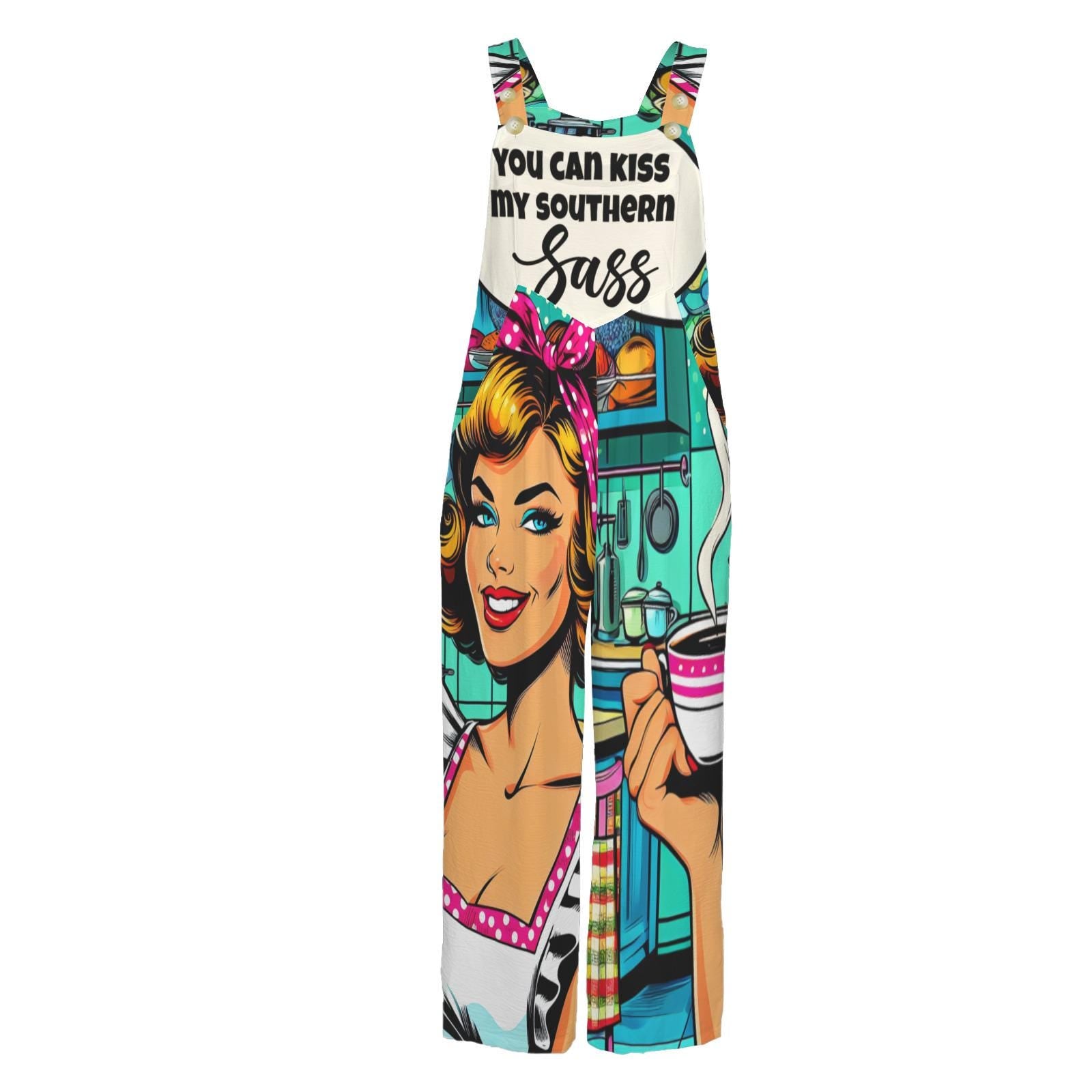 Kiss My Southern Sass Jumpsuit, Vintage Pin-Up Wide Leg Overalls, Funny Graphic Outfit, Teal Aesthetic Statement Romper, Trendy Streetwear