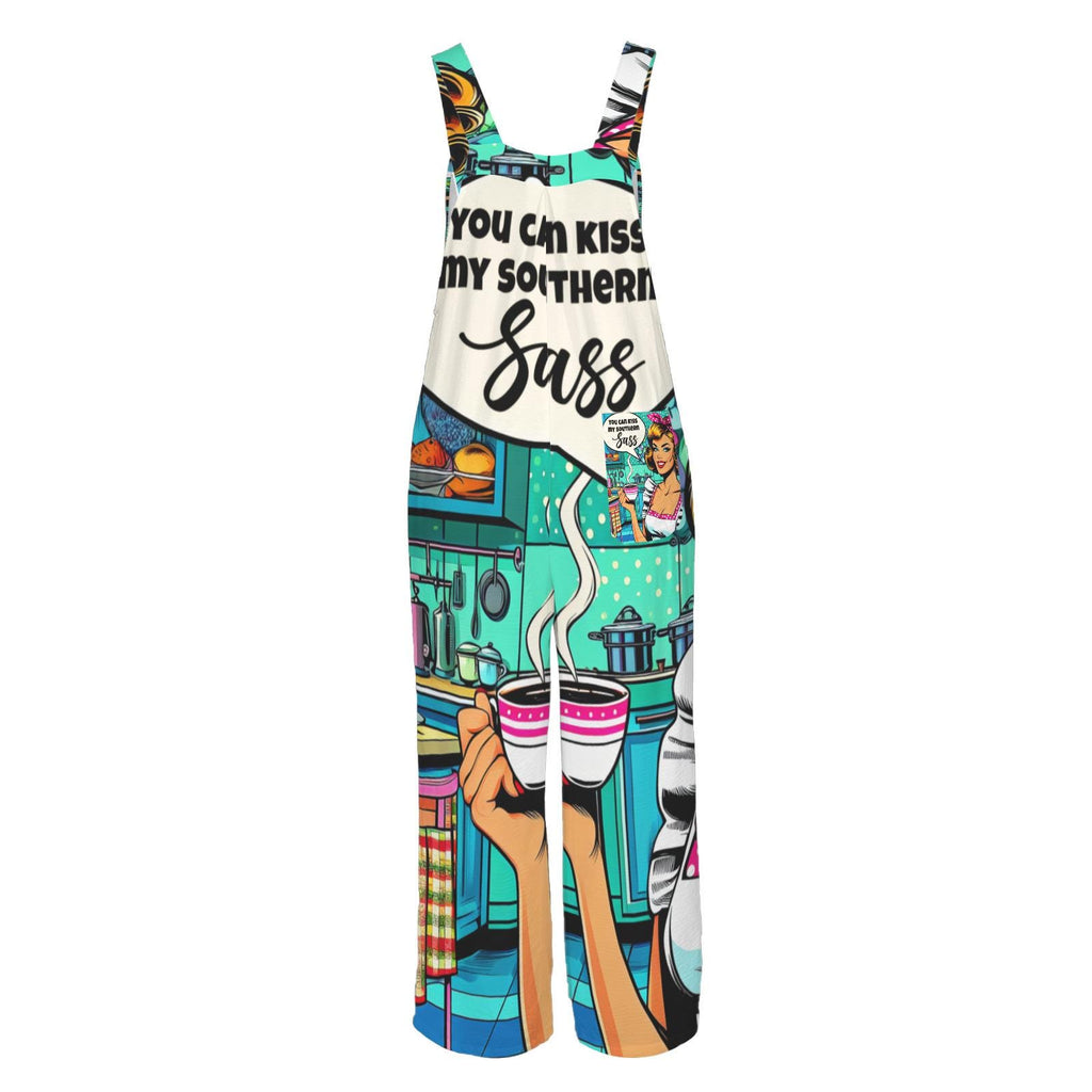 Kiss My Southern Sass Jumpsuit, Vintage Pin-Up Wide Leg Overalls, Funny Graphic Outfit, Teal Aesthetic Statement Romper, Trendy Streetwear