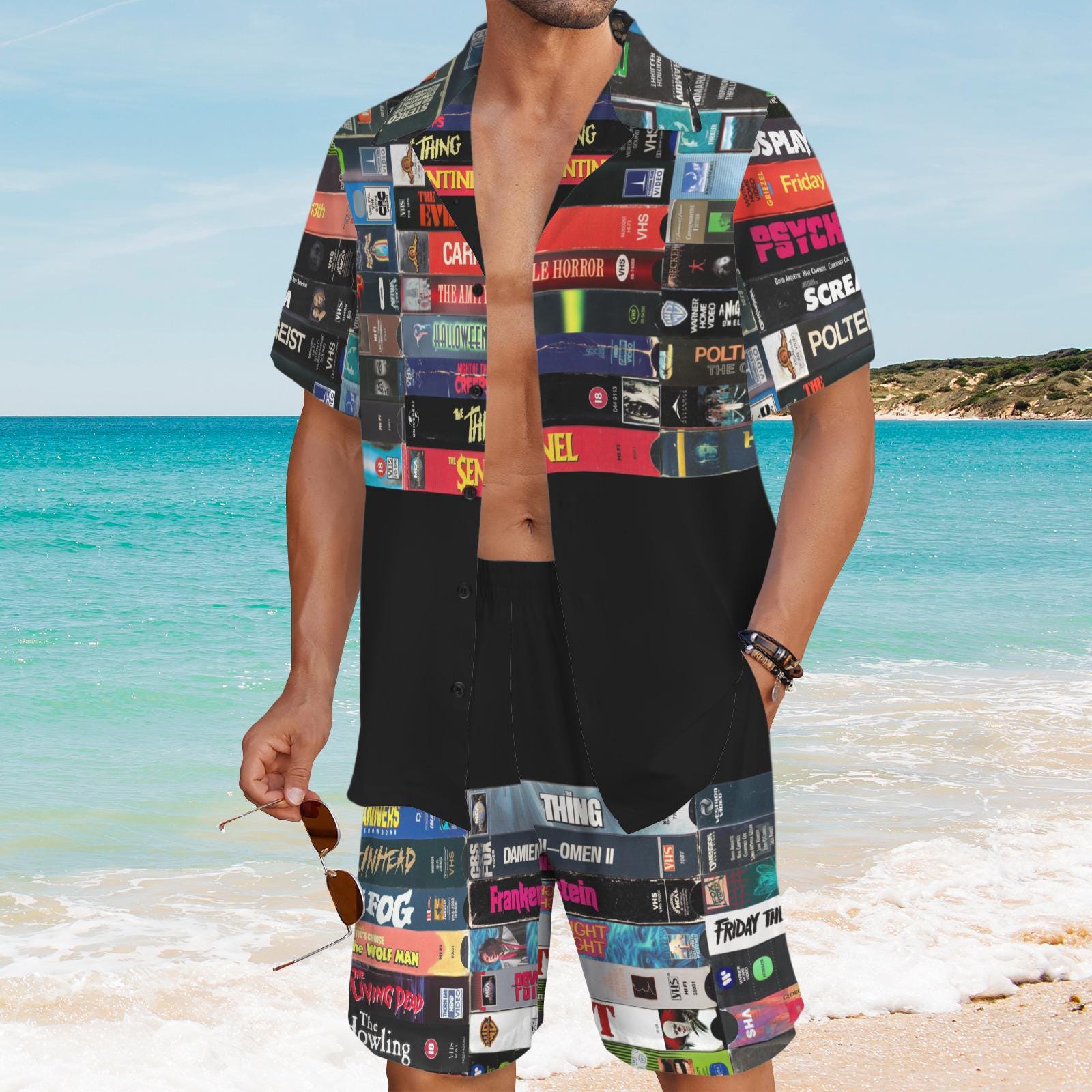 Men's Horror VHS Shirt and Shorts Set, Retro Slasher Collage Outfit  Small-5xl
