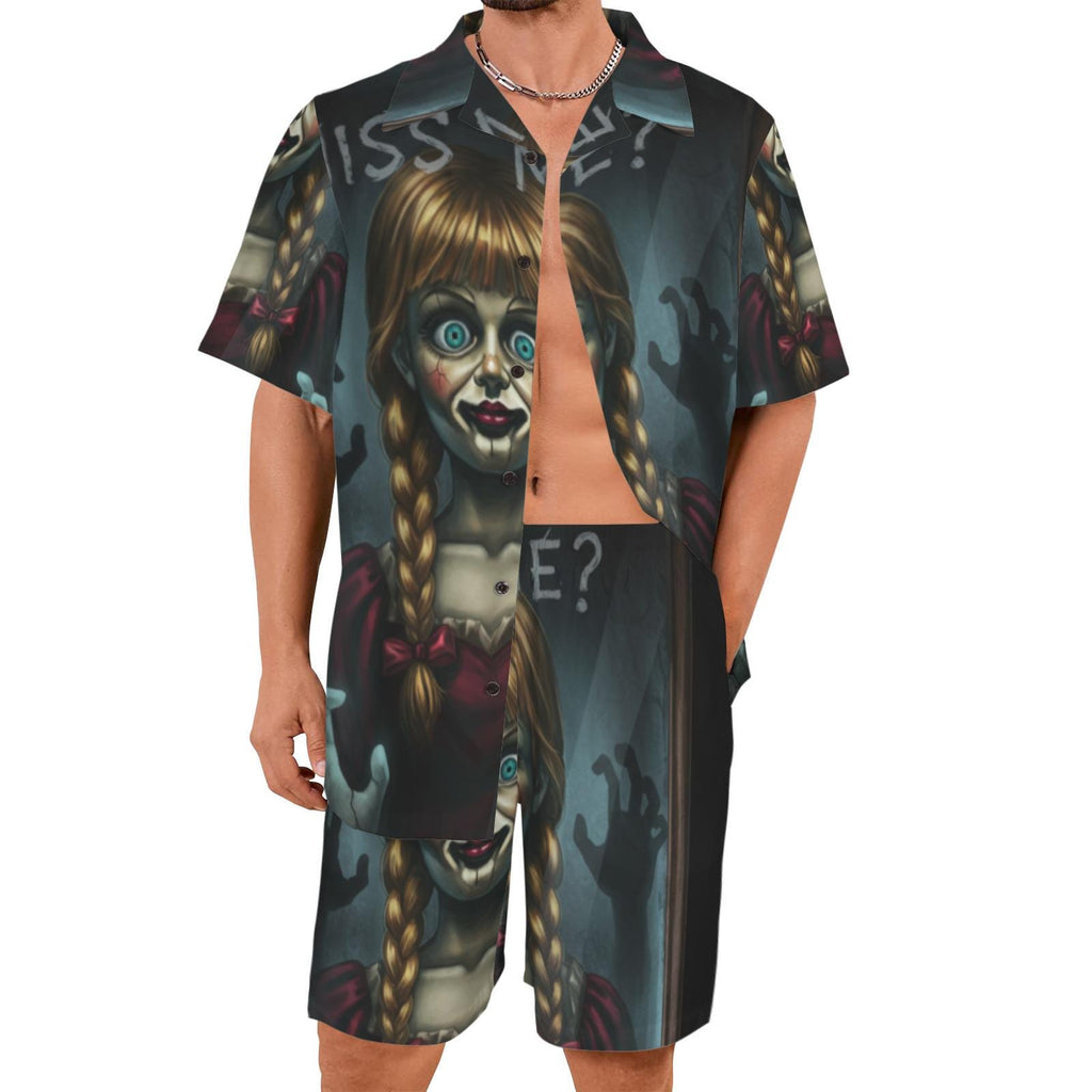Creepy Doll Shirt and Shorts Set, Horror Matching Summer Outfit, Spooky Button Up Set, Gothic Beachwear, Men’s Sizes S-5XL