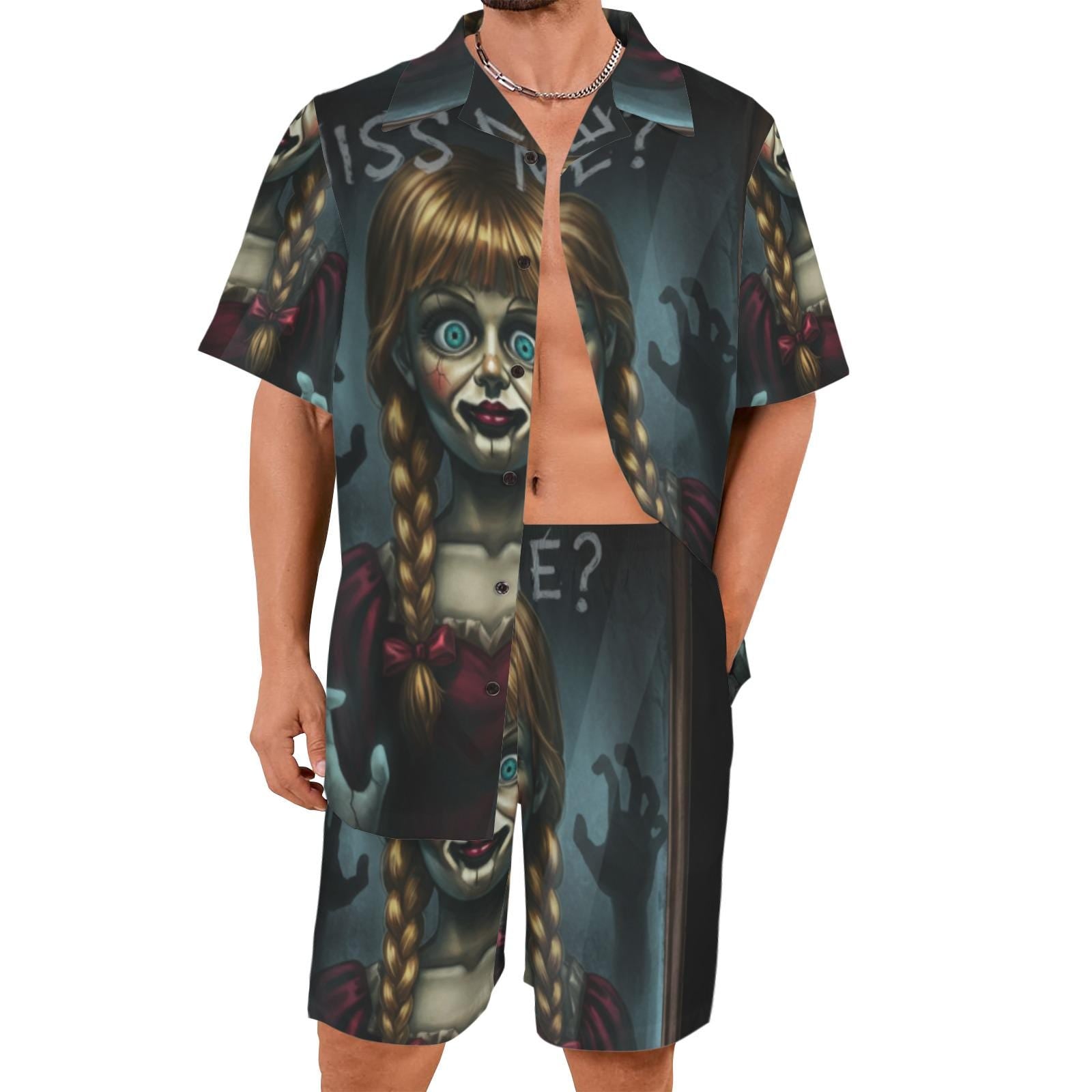 Creepy Doll Shirt and Shorts Set, Horror Matching Summer Outfit, Spooky Button Up Set, Gothic Beachwear, Men’s Sizes S-5XL