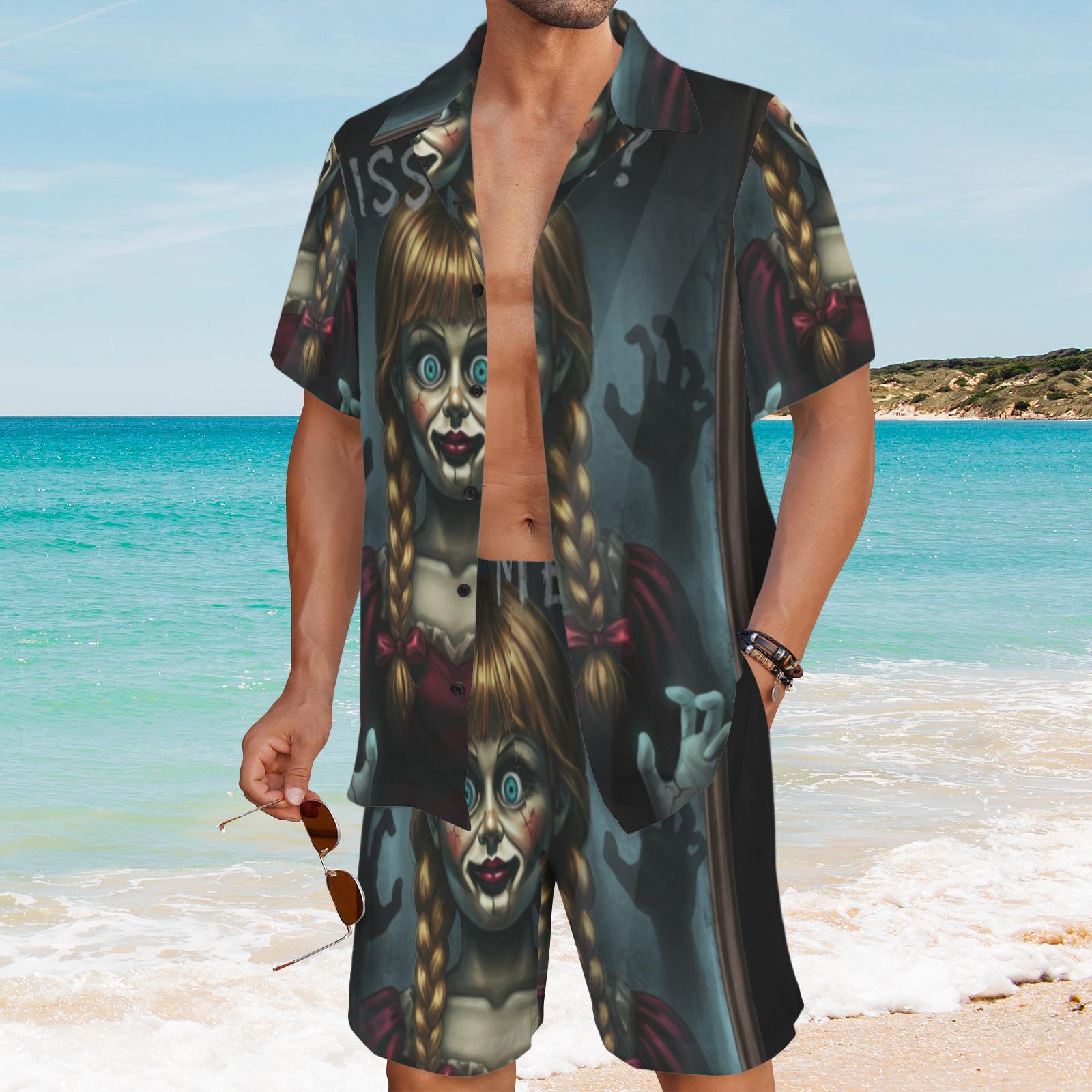 Creepy Doll Shirt and Shorts Set, Horror Matching Summer Outfit, Spooky Button Up Set, Gothic Beachwear, Men’s Sizes S-5XL