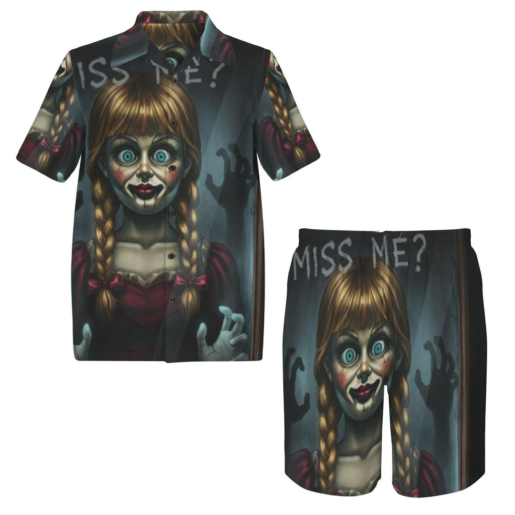 Creepy Doll Shirt and Shorts Set, Horror Matching Summer Outfit, Spooky Button Up Set, Gothic Beachwear, Men’s Sizes S-5XL