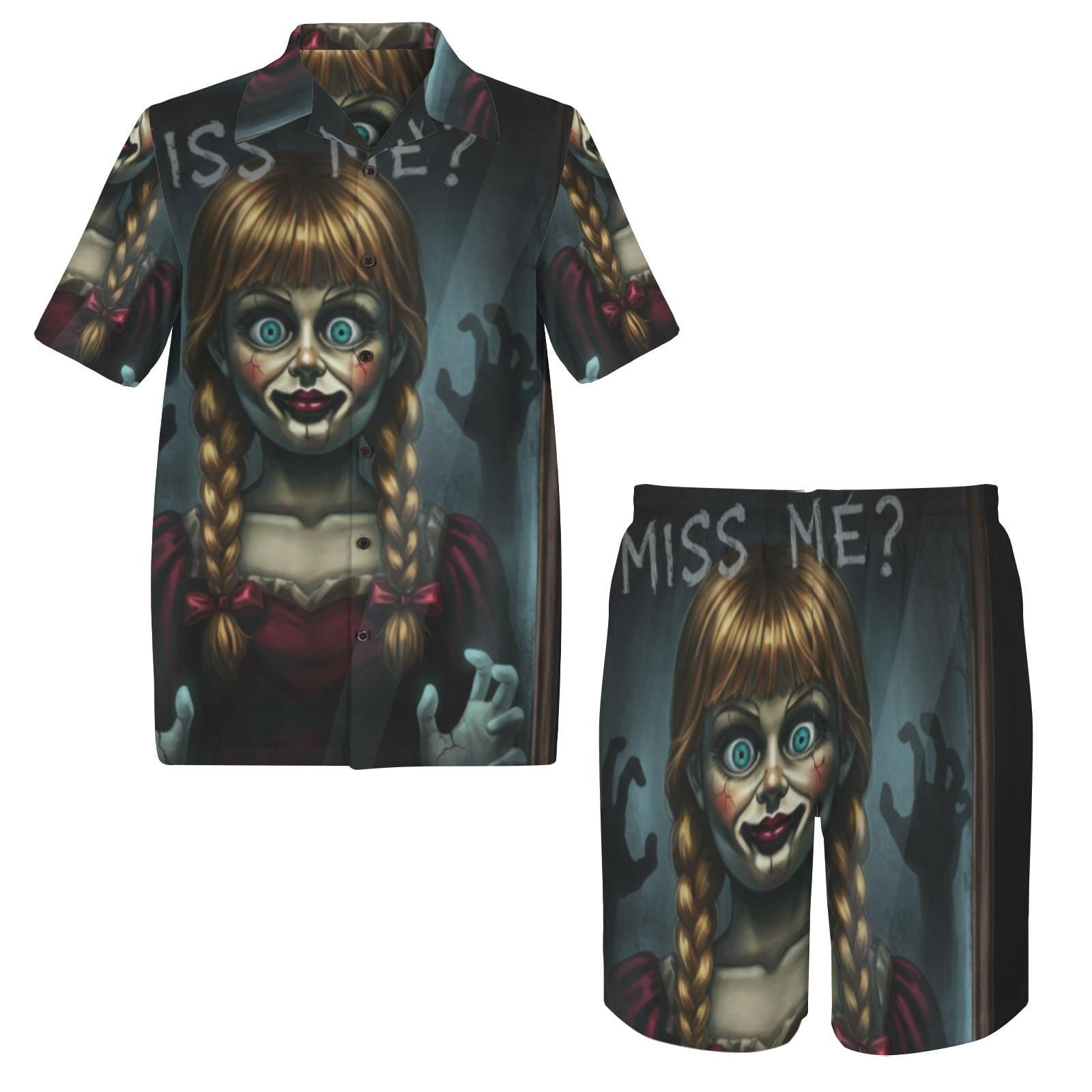 Creepy Doll Shirt and Shorts Set, Horror Matching Summer Outfit, Spooky Button Up Set, Gothic Beachwear, Men’s Sizes S-5XL