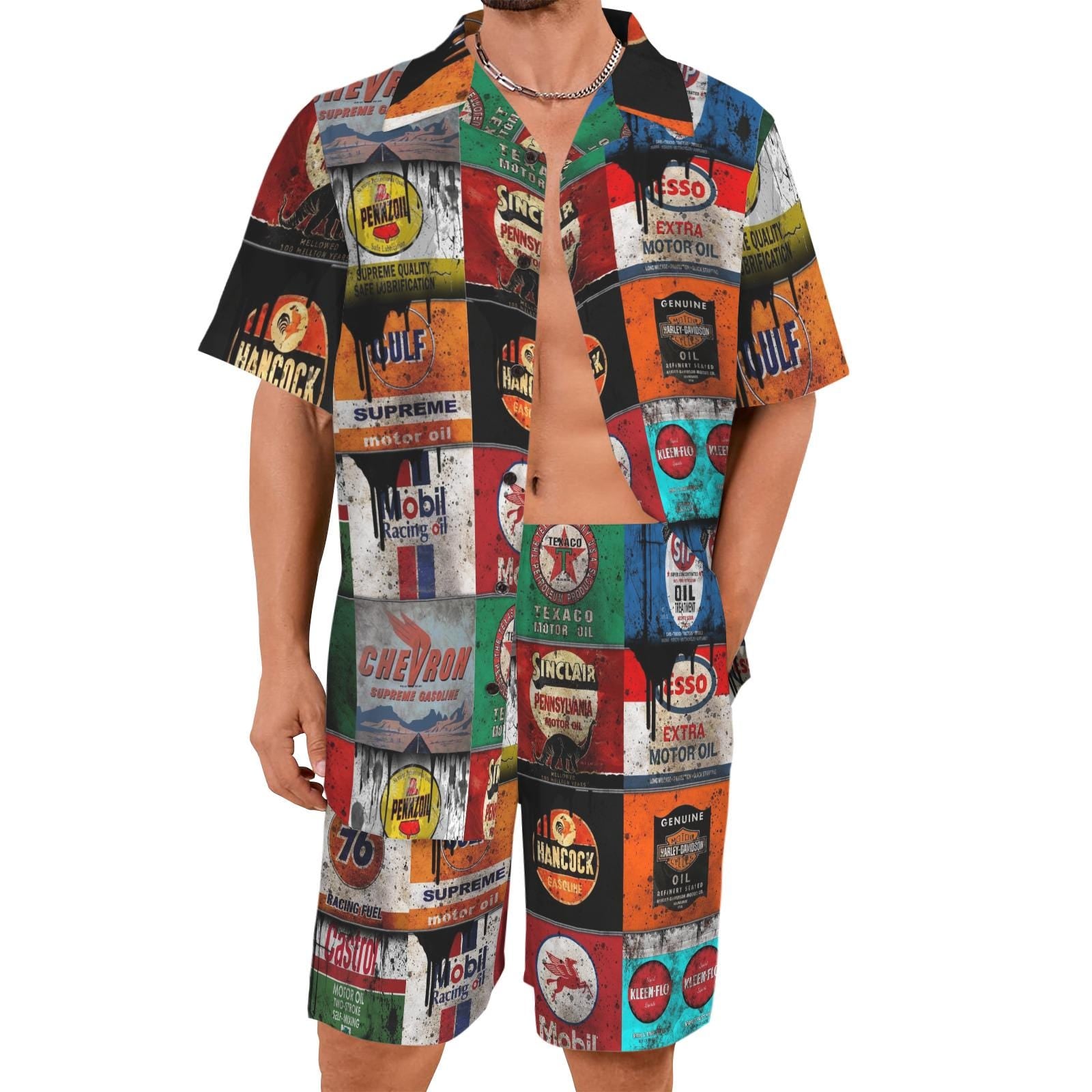Vintage Gas Station Shirt and Shorts Set, Retro Oil Sign Matching Outfit, Mechanic Summer Button Up Set, Men’s Sizes S-5XL