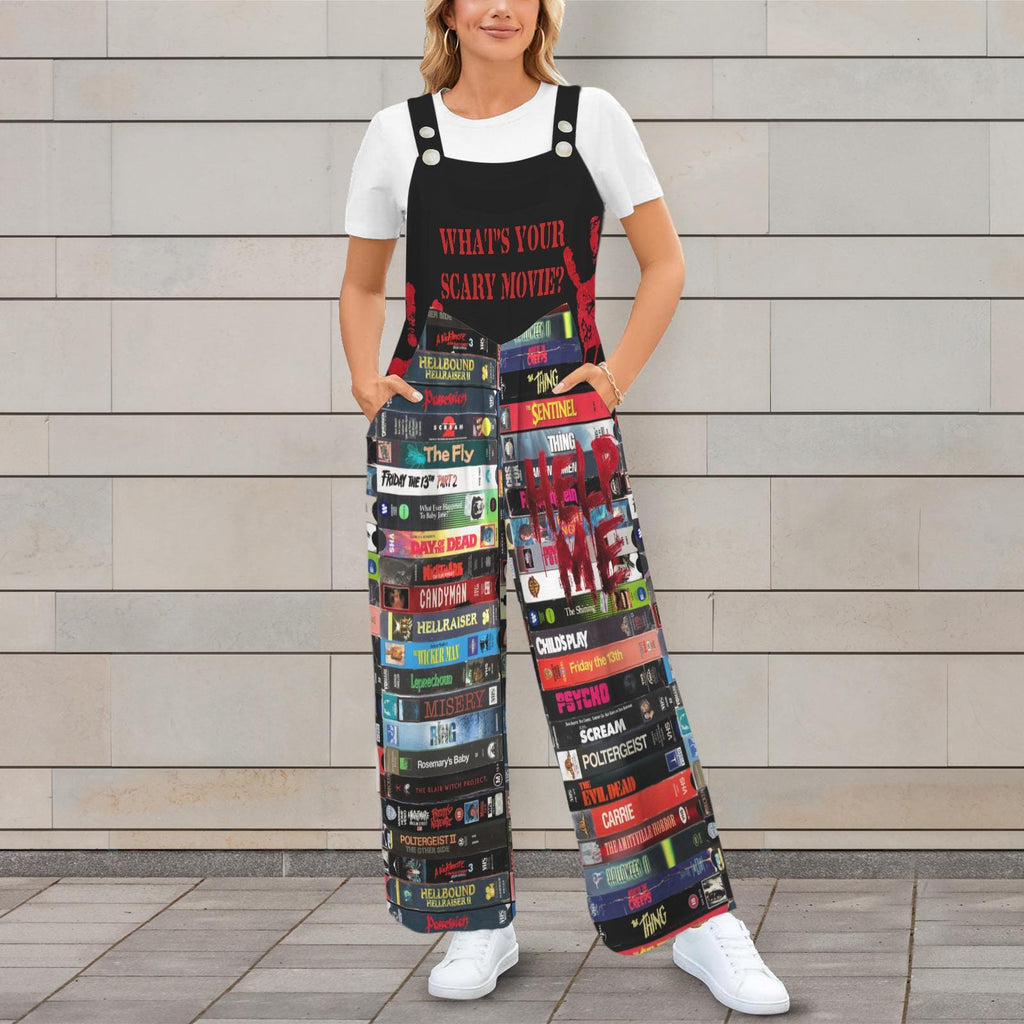 Horror Movie VHS Collage Jumpsuit, Gothic Streetwear, Spooky Graphic Romper