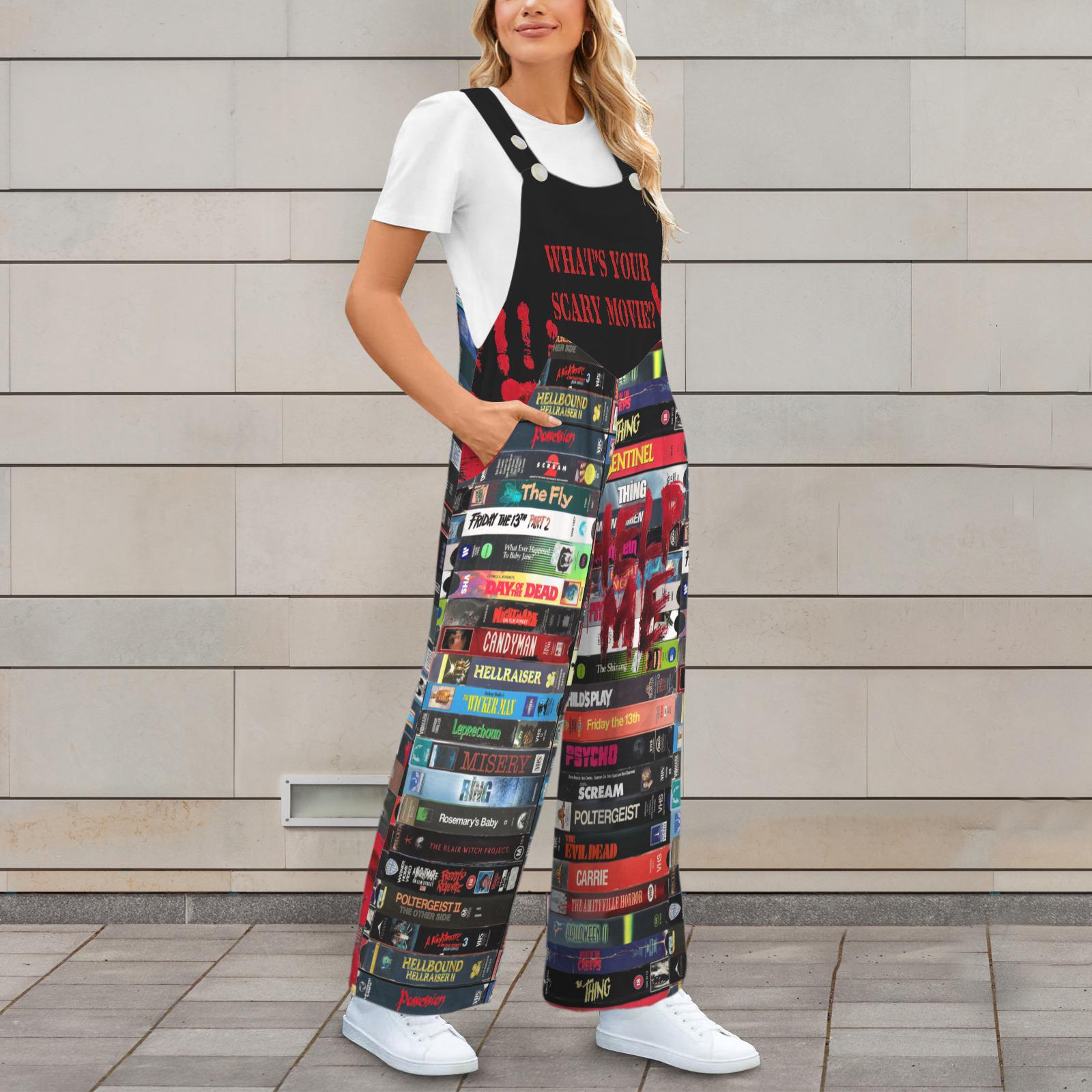 Horror Movie VHS Collage Jumpsuit, Gothic Streetwear, Spooky Graphic Romper