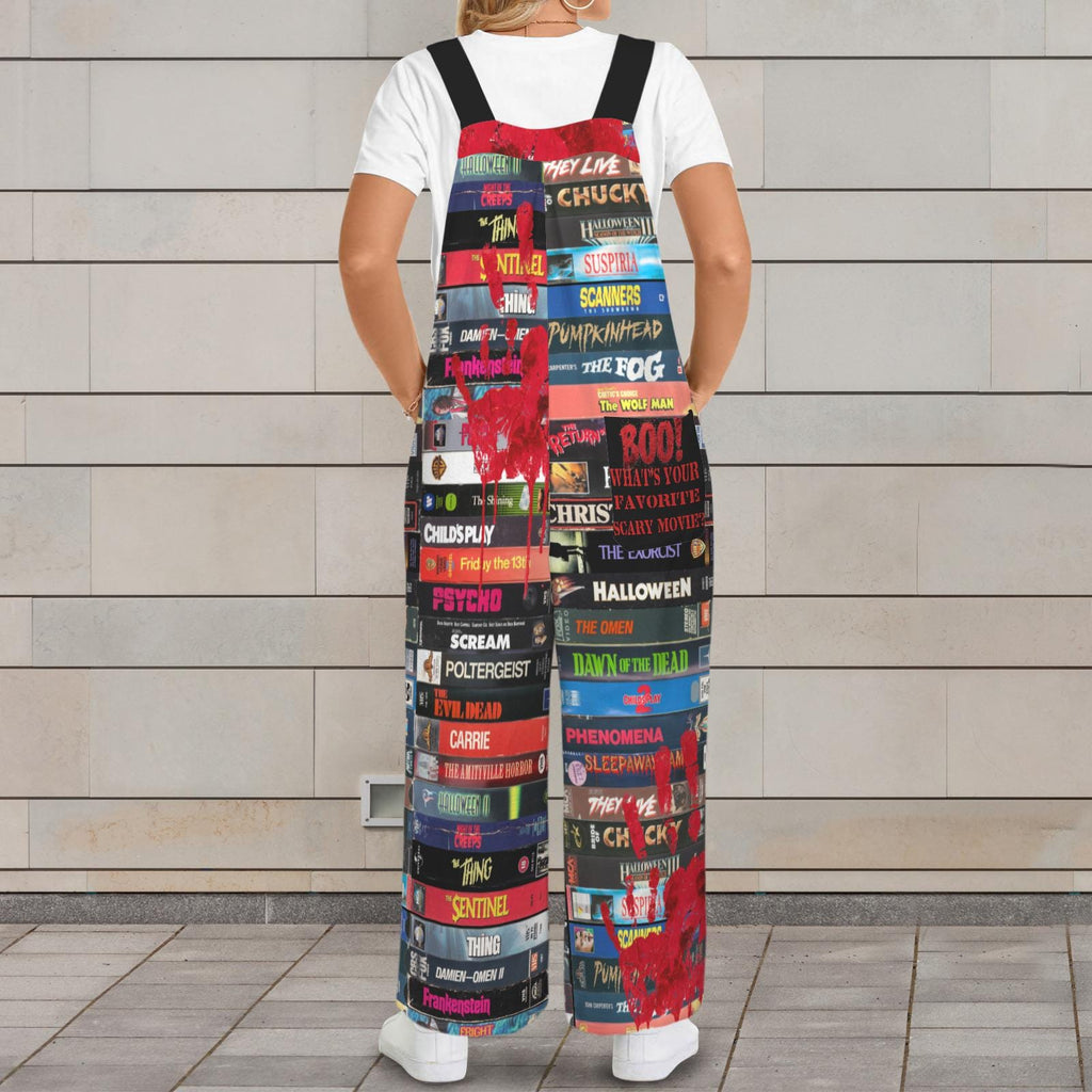 Horror Movie VHS Collage Jumpsuit, Gothic Streetwear, Spooky Graphic Romper