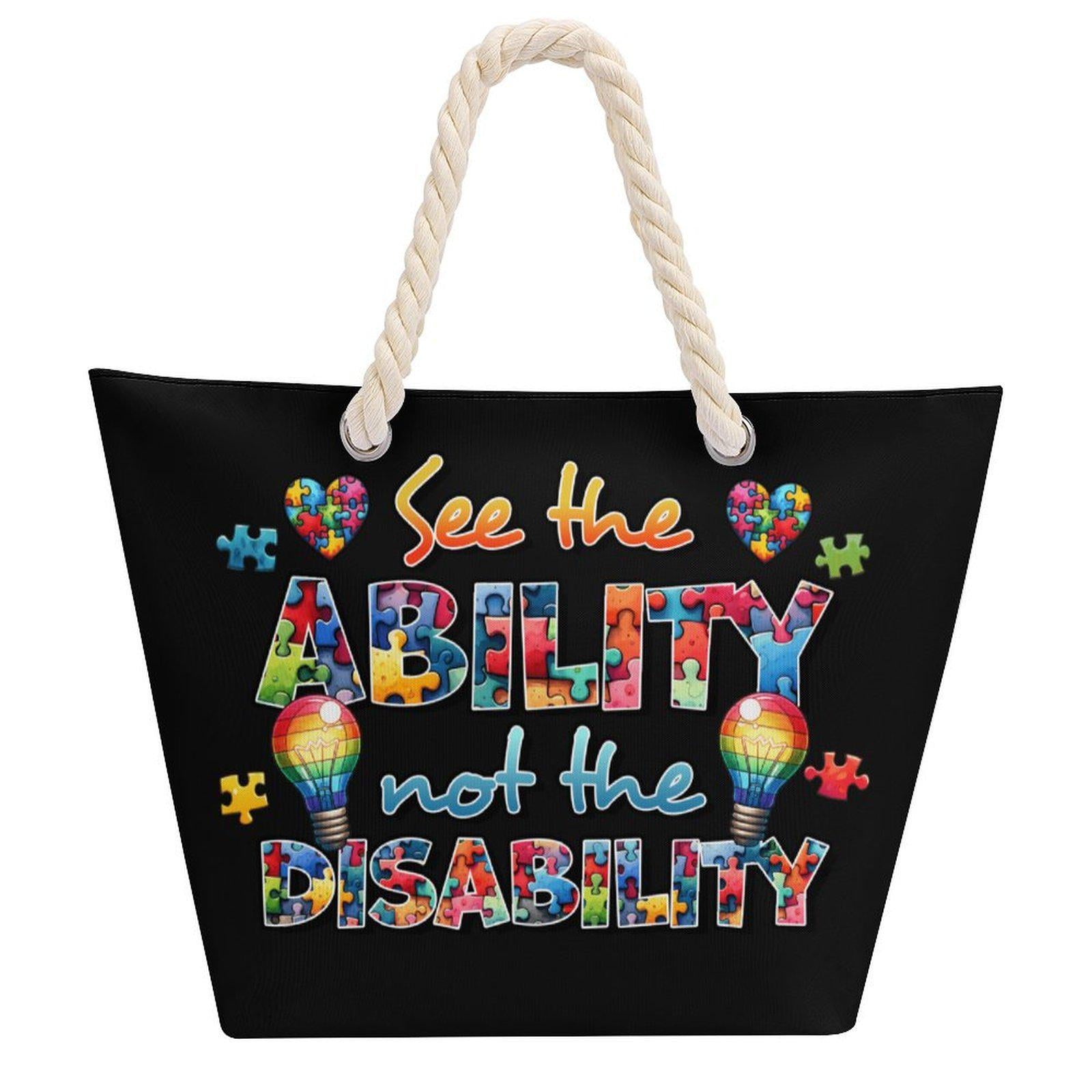 See the Ability Not the Disability Tote Bag, Autism Awareness Beach Bag, Puzzle Piece Shoulder Tote, Special Needs Gift Bag
