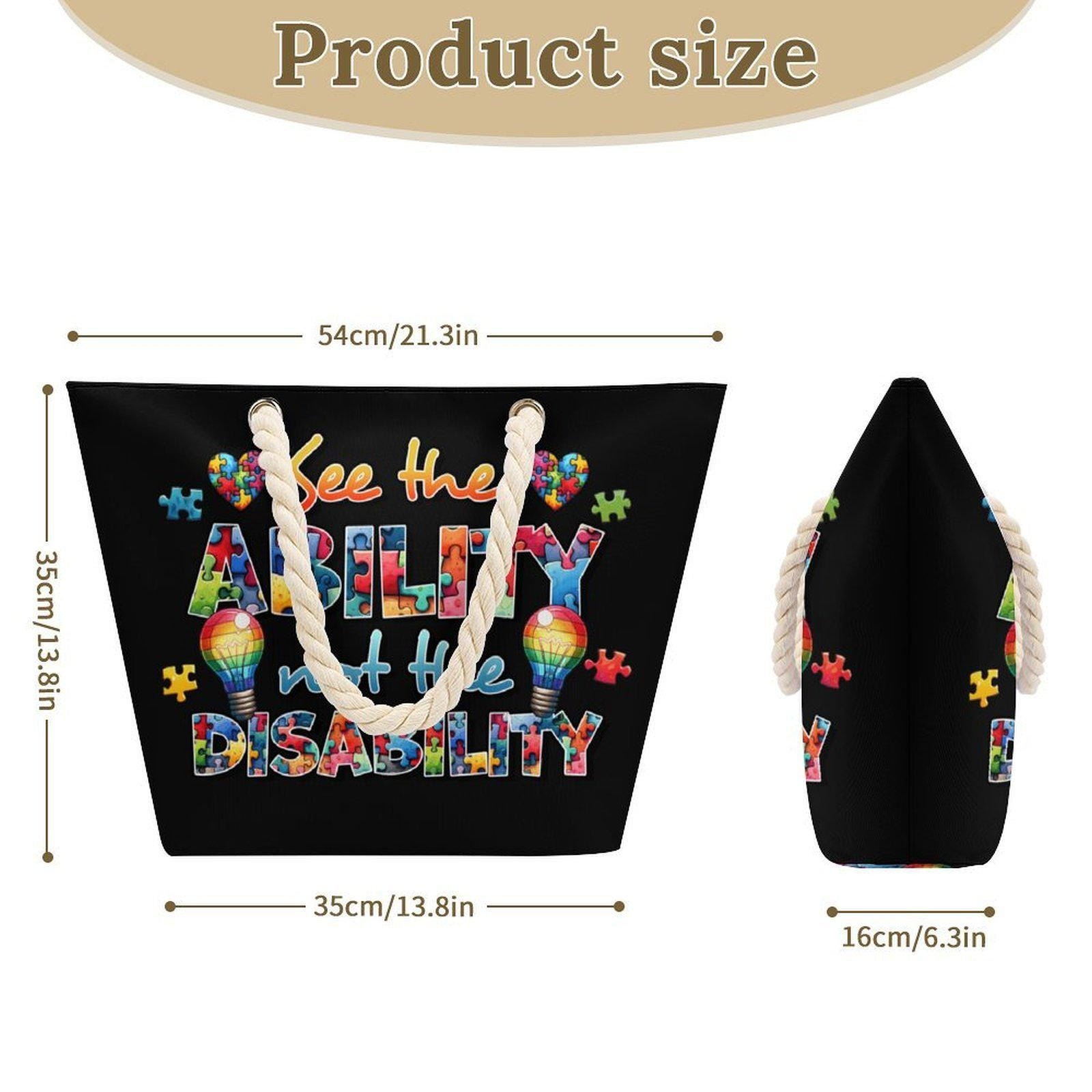 See the Ability Not the Disability Tote Bag, Autism Awareness Beach Bag, Puzzle Piece Shoulder Tote, Special Needs Gift Bag