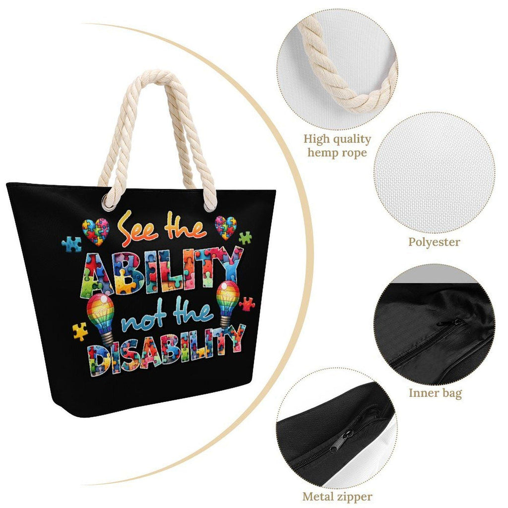See the Ability Not the Disability Tote Bag, Autism Awareness Beach Bag, Puzzle Piece Shoulder Tote, Special Needs Gift Bag