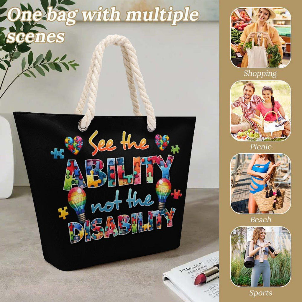 See the Ability Not the Disability Tote Bag, Autism Awareness Beach Bag, Puzzle Piece Shoulder Tote, Special Needs Gift Bag