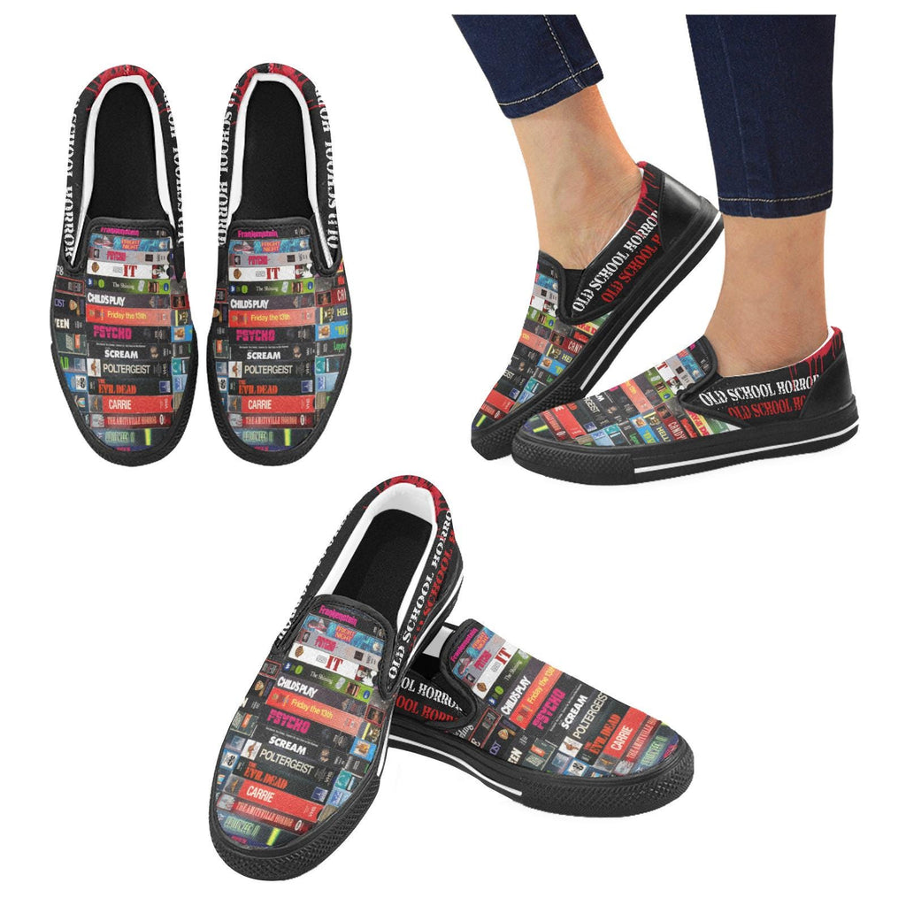 Horror VHS Slip-On Sneakers: 80s 90s Retro Movie Style Shoes