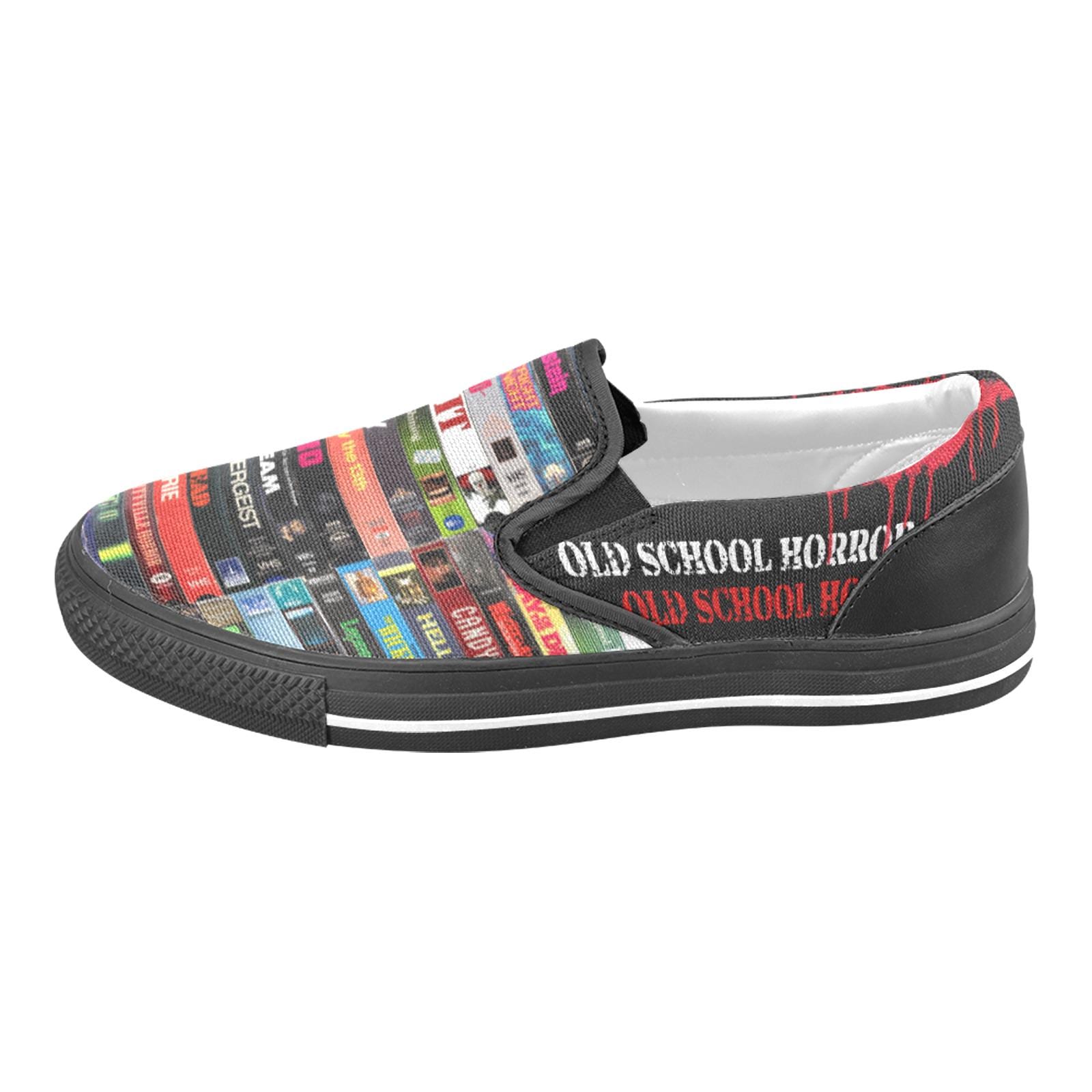 Mens Horror VHS Slip-On Sneakers: 80s 90s Retro Movie Style Shoes