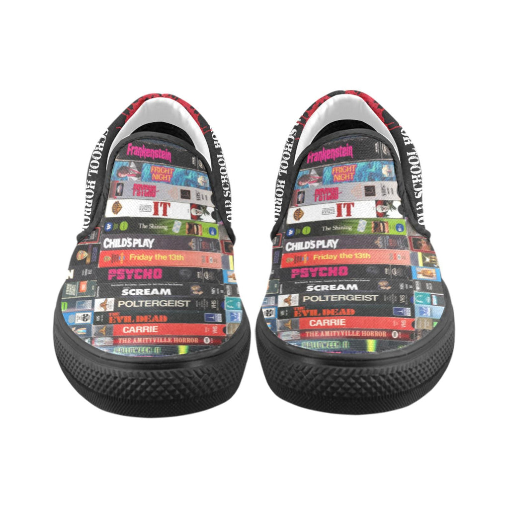 Horror VHS Slip-On Sneakers: 80s 90s Retro Movie Style Shoes