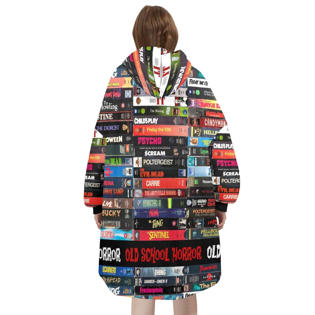 VHS Horror Movie Wearable Blanket Hoodie, Old School Retro Horror Fan Lounger
