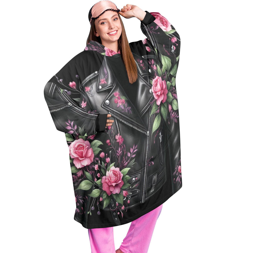 Floral Leather Jacket Wearable Blanket Hoodie – Oversized Fleece Loungewear (One Size)