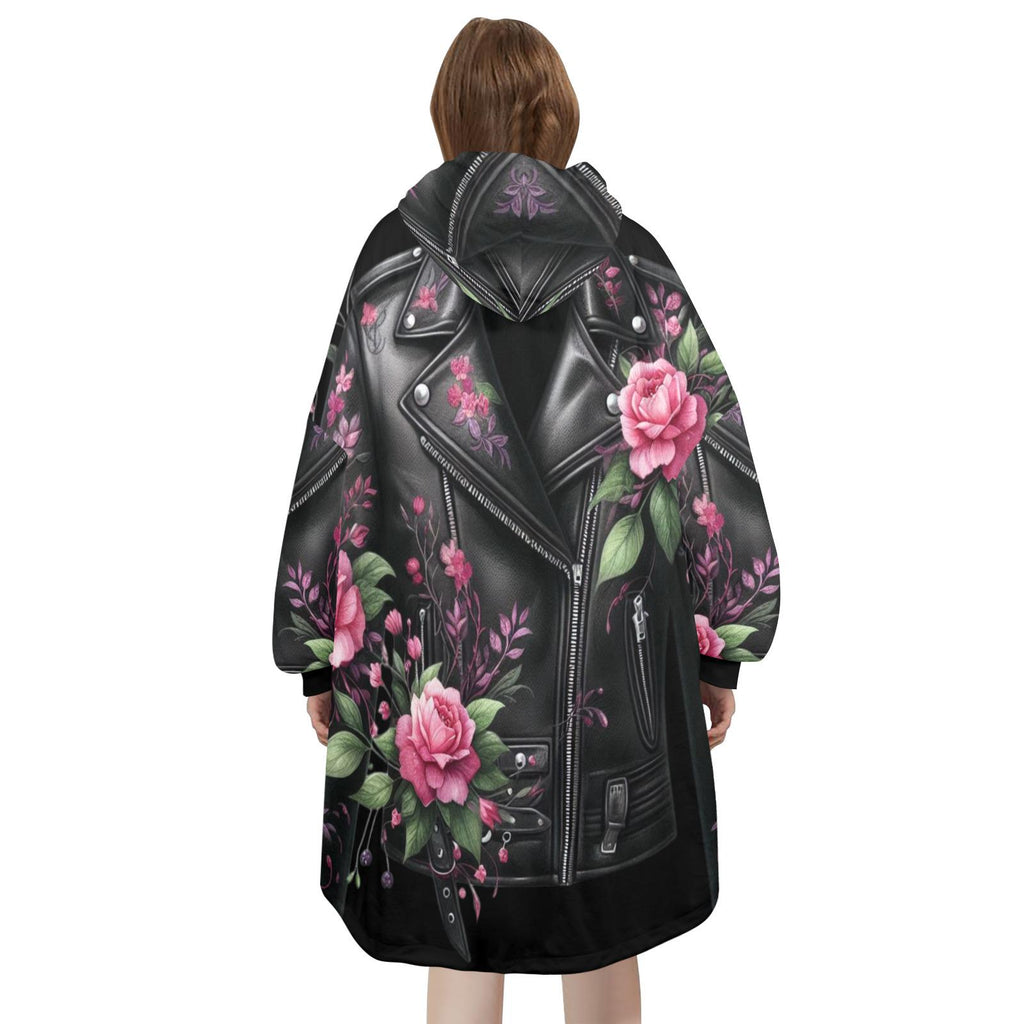 Floral Leather Jacket Wearable Blanket Hoodie – Oversized Fleece Loungewear (One Size)