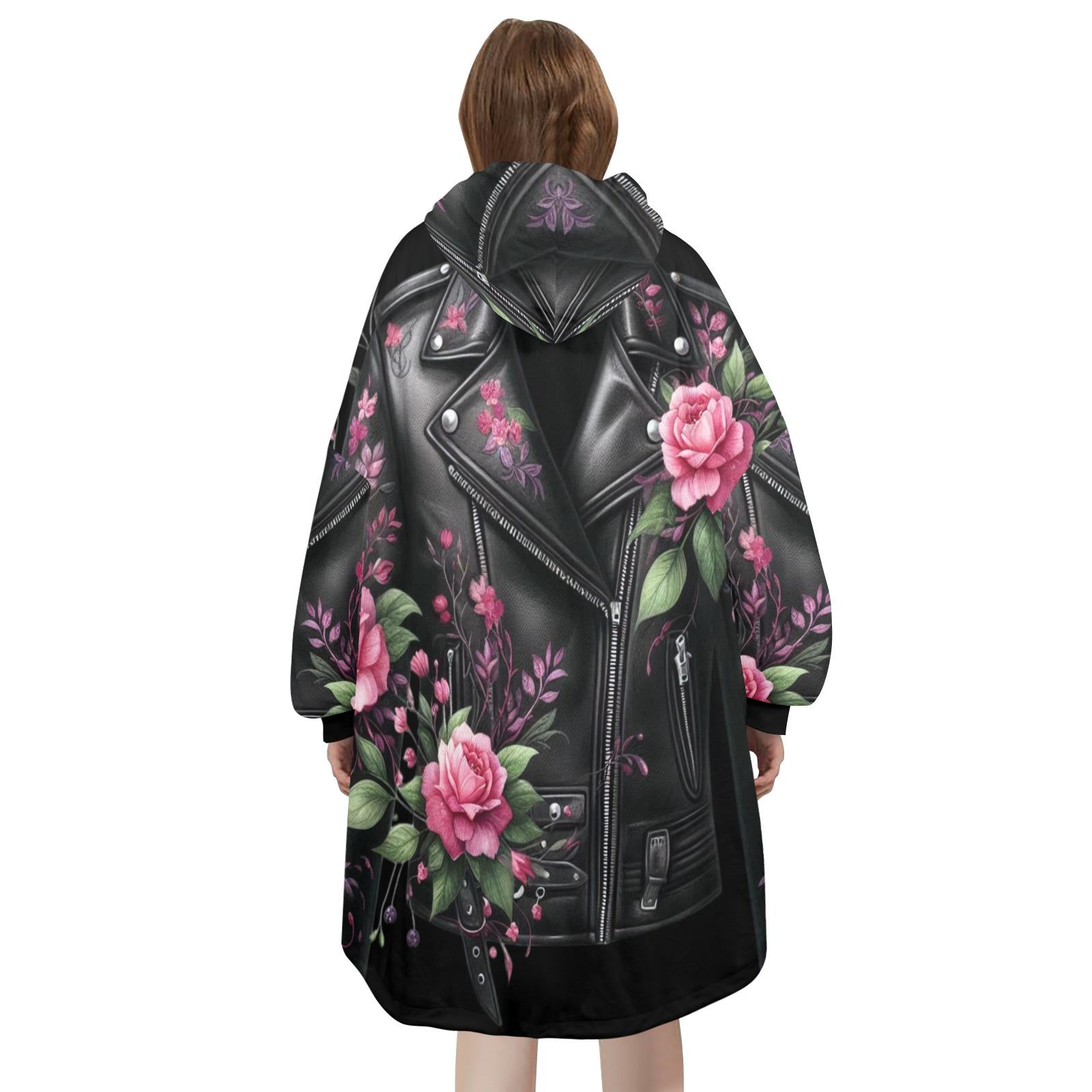Floral Leather Jacket Wearable Blanket Hoodie – Oversized Fleece Loungewear (One Size)