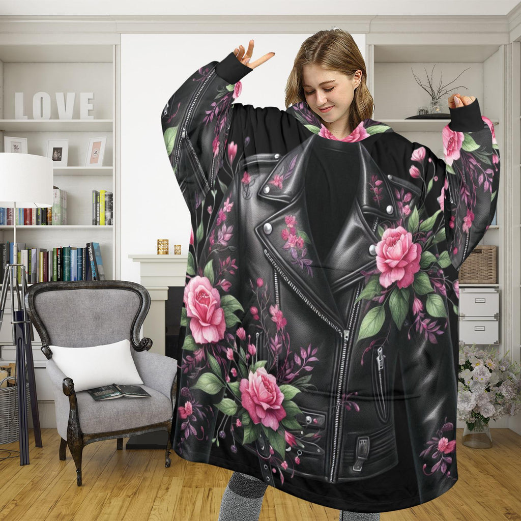 Floral Leather Jacket Wearable Blanket Hoodie – Oversized Fleece Loungewear (One Size)