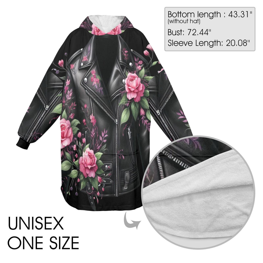 Floral Leather Jacket Wearable Blanket Hoodie – Oversized Fleece Loungewear (One Size)
