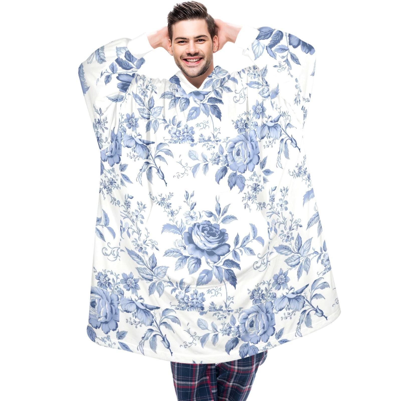 Blue Toile Wearable Blanket Hoodie, Oversized Hoodie Blanket Cottagecore Floral Snuggle Hoodie, Unisex One Size Cozy Lounger Gift (One Size)