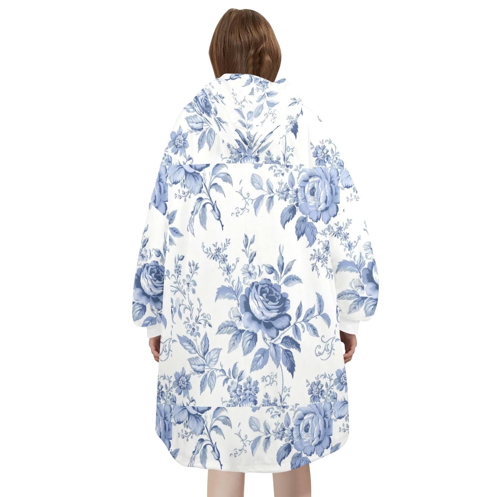 Blue Toile Wearable Blanket Hoodie, Oversized Hoodie Blanket Cottagecore Floral Snuggle Hoodie, Unisex One Size Cozy Lounger Gift (One Size)