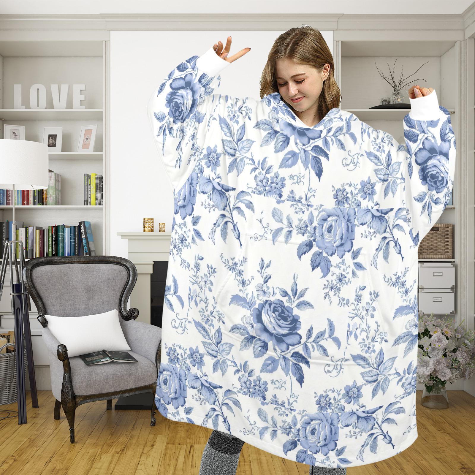 Blue Toile Wearable Blanket Hoodie, Oversized Hoodie Blanket Cottagecore Floral Snuggle Hoodie, Unisex One Size Cozy Lounger Gift (One Size)
