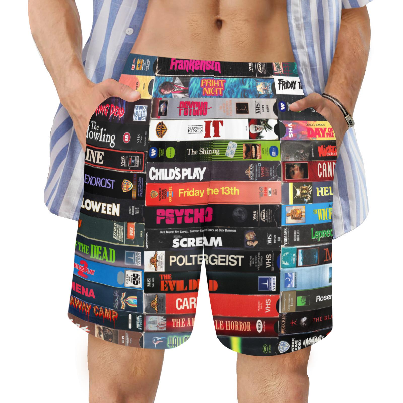 Horror VHS Swim Trunks, Retro Movie Shorts, Halloween Board Shorts, Vintage VHS Tape Mens Shorts, Unisex Summer Beachwear Gift S- 5XL