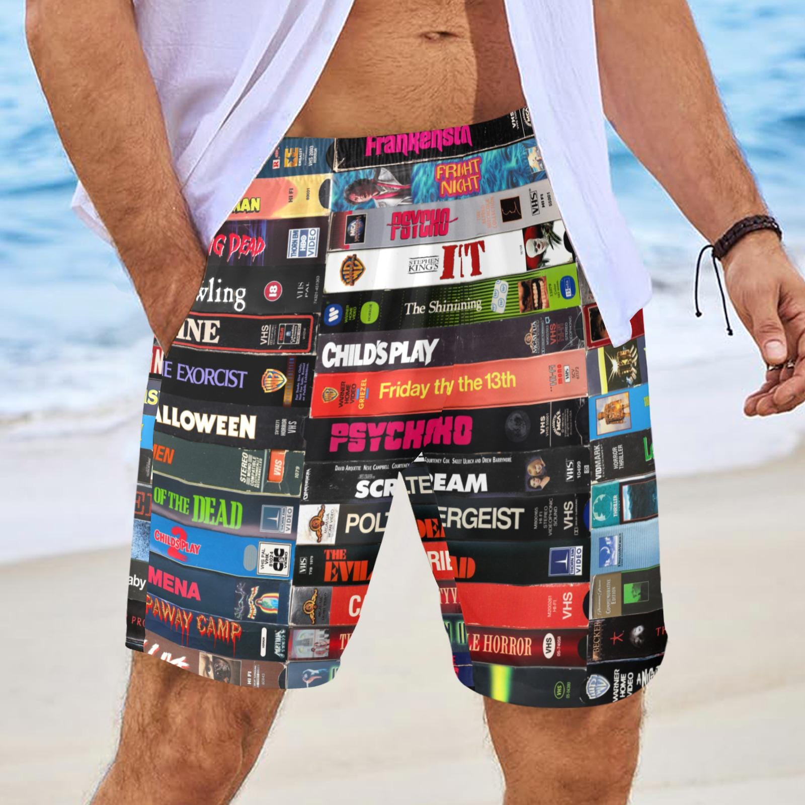 Horror VHS Swim Trunks, Retro Movie Shorts, Halloween Board Shorts, Vintage VHS Tape Mens Shorts, Unisex Summer Beachwear Gift S- 5XL