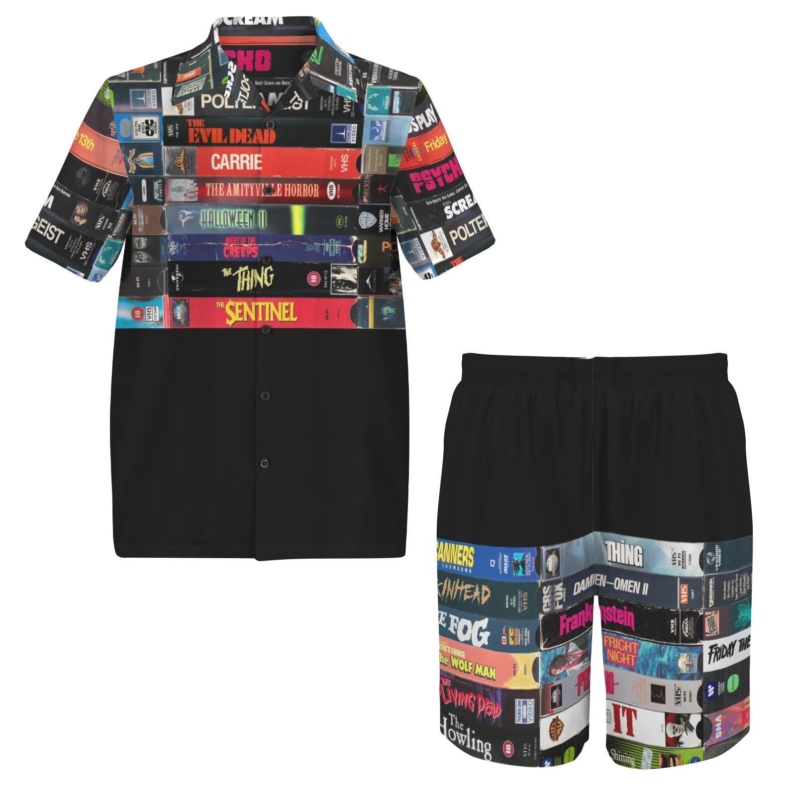 Men's Horror VHS Shirt and Shorts Set, Retro Slasher Collage Outfit  Small-5xl