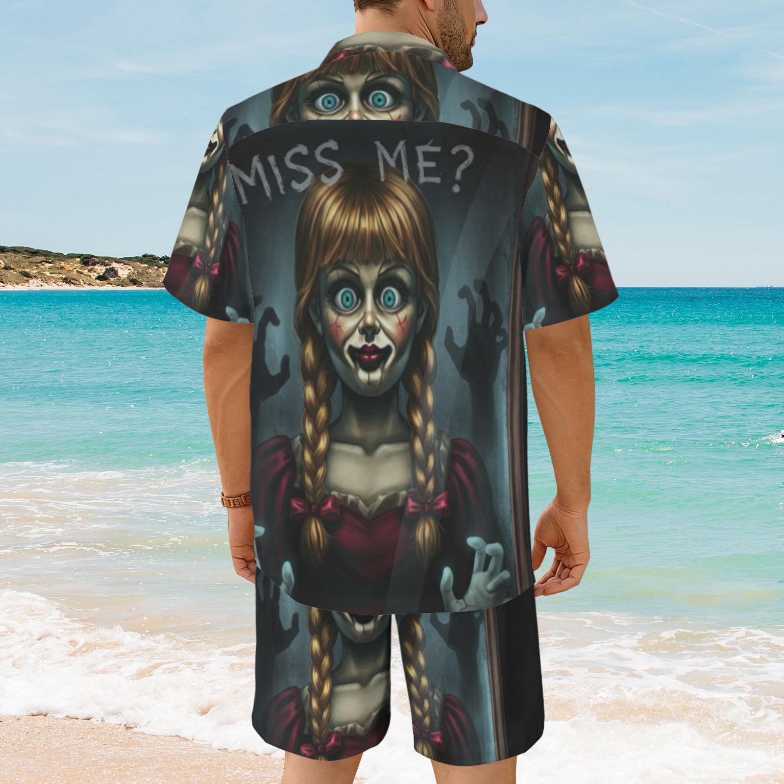 Creepy Doll Shirt and Shorts Set, Horror Matching Summer Outfit, Spooky Button Up Set, Gothic Beachwear, Men’s Sizes S-5XL
