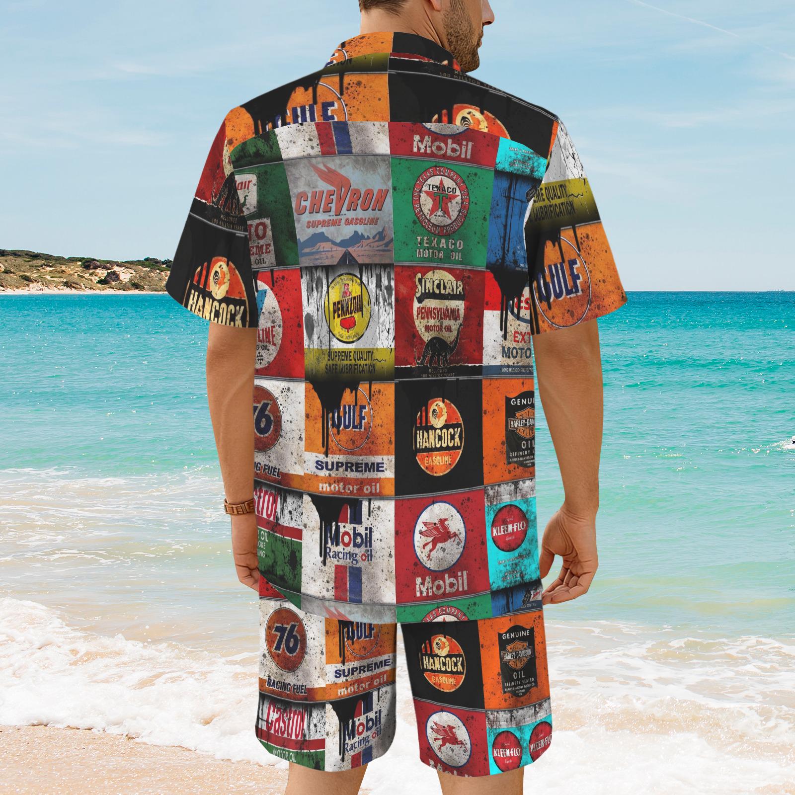 Vintage Gas Station Shirt and Shorts Set, Retro Oil Sign Matching Outfit, Mechanic Summer Button Up Set, Men’s Sizes S-5XL