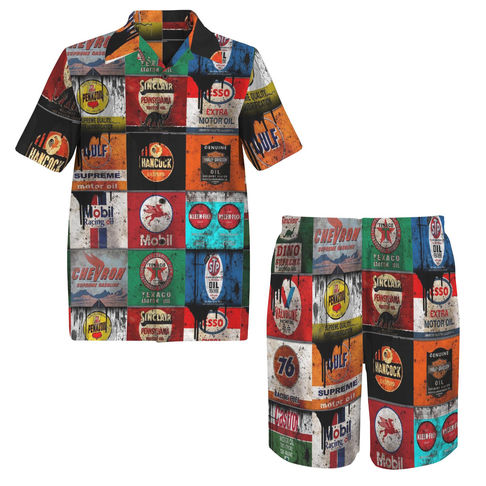 Vintage Gas Station Shirt and Shorts Set, Retro Oil Sign Matching Outfit, Mechanic Summer Button Up Set, Men’s Sizes S-5XL