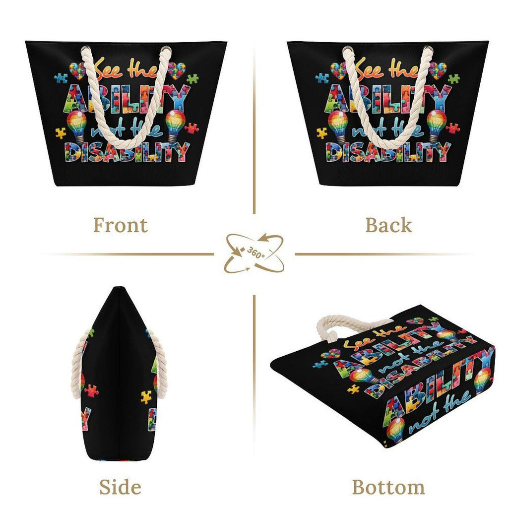 See the Ability Not the Disability Tote Bag, Autism Awareness Beach Bag, Puzzle Piece Shoulder Tote, Special Needs Gift Bag