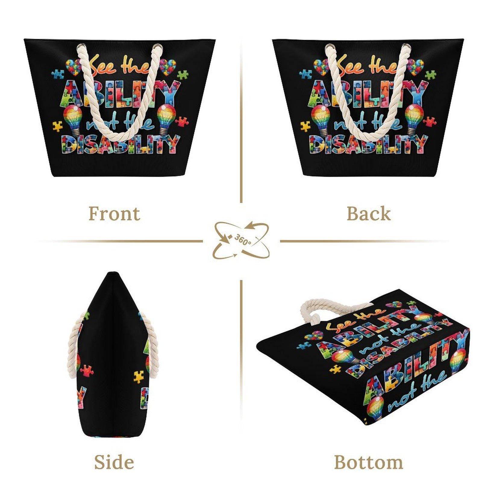 See the Ability Not the Disability Tote Bag, Autism Awareness Beach Bag, Puzzle Piece Shoulder Tote, Special Needs Gift Bag